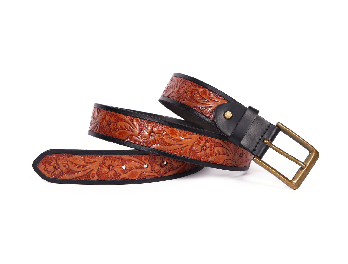 Premium Hand-Made Brown and Black Tooling Belt with Brass Antique Buckle. - CELTICINDIA
