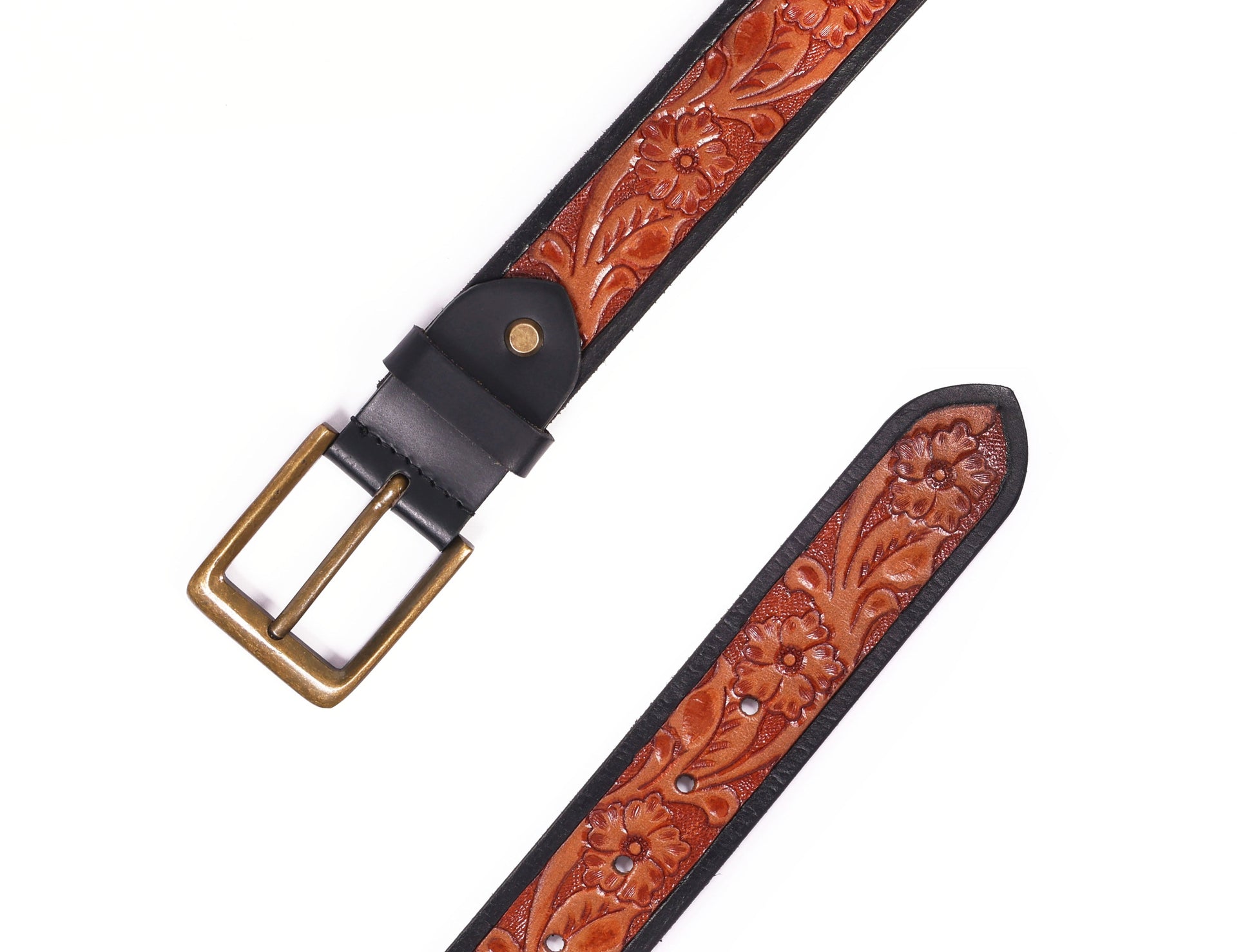 Premium Hand-Made Brown and Black Tooling Belt with Brass Antique Buckle. - CELTICINDIA