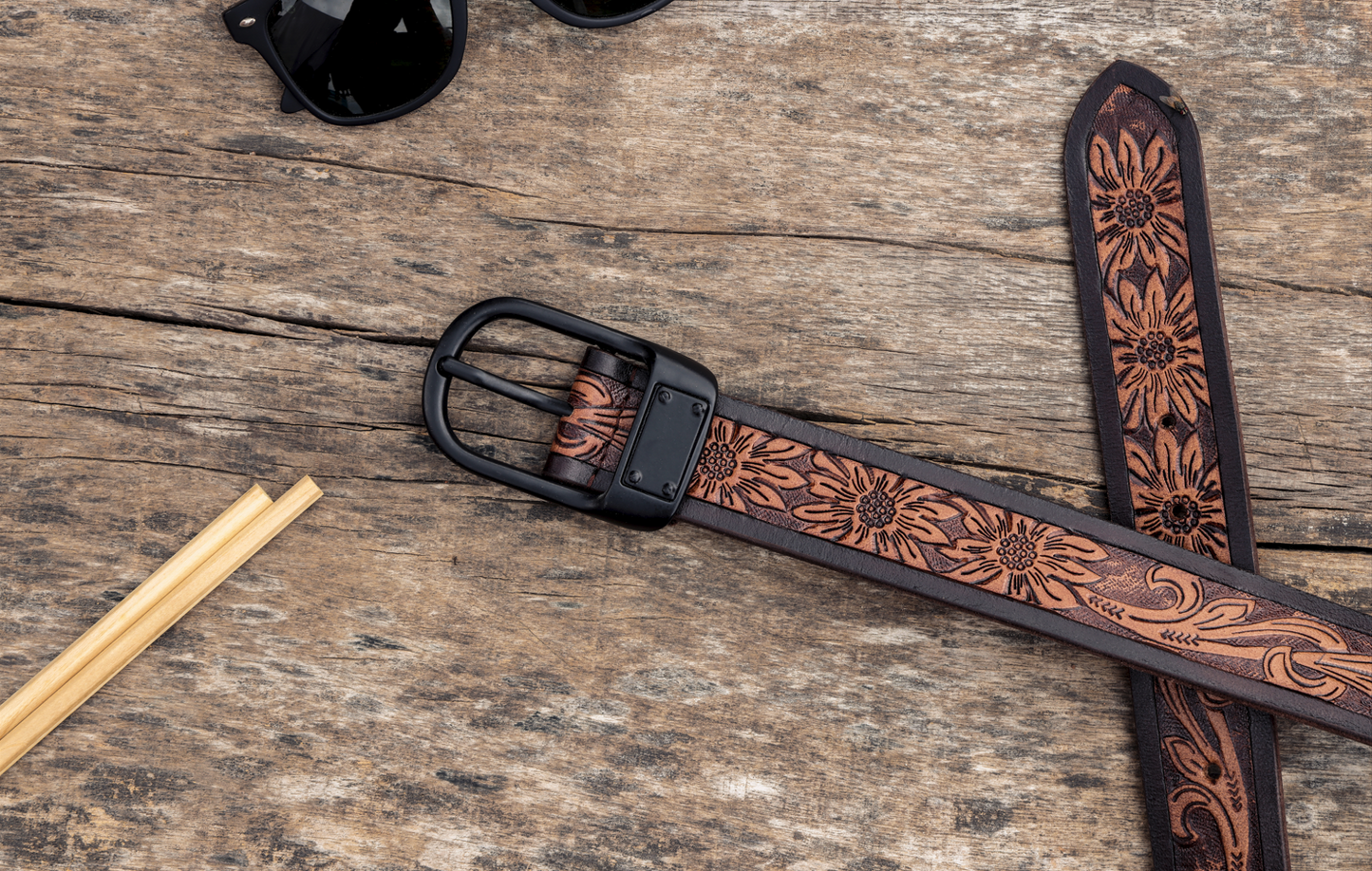 Hand-Carved Leather Belt with Mat Black Buckle - CELTICINDIA