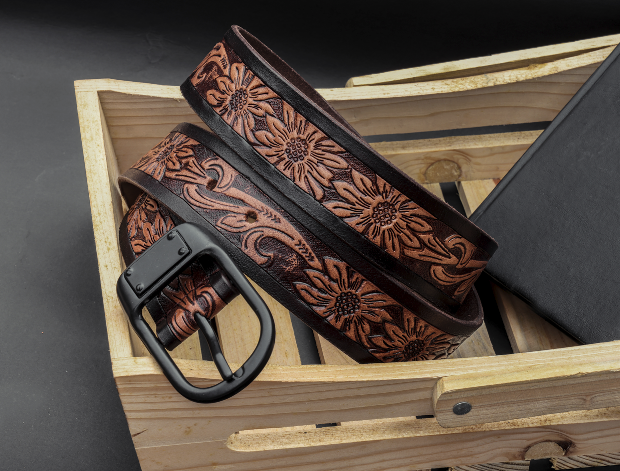 Hand-Carved Leather Belt with Mat Black Buckle - CELTICINDIA