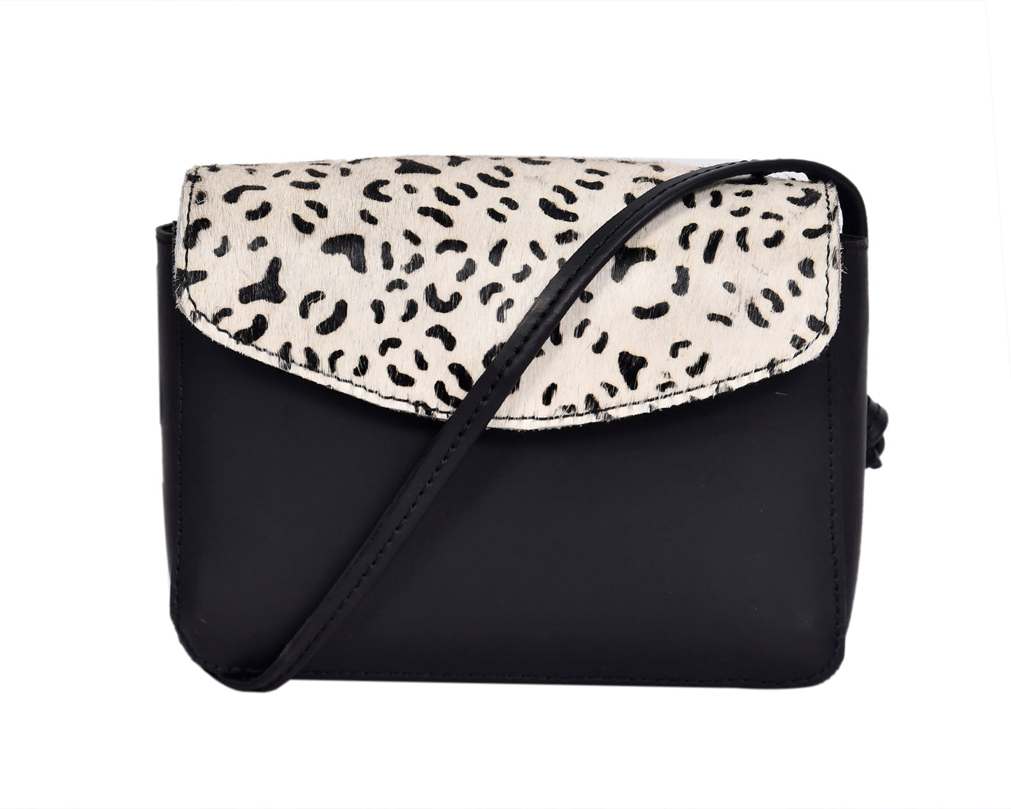 Elegance and Versatility Combined Black Leather Sling Bag with Printed Hair-On. - CELTICINDIA