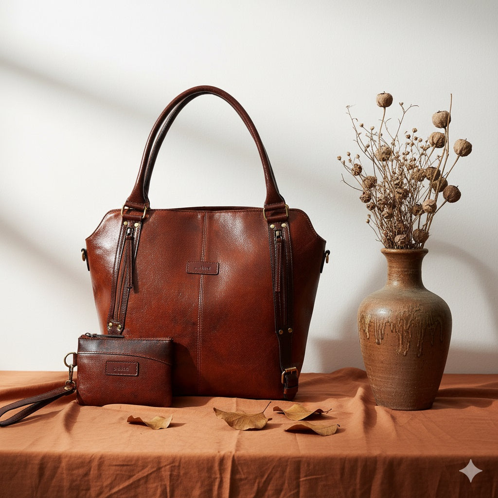 Premium Genuine Leather vintage Brown Tote & Wristlet Combo- Premium set For women
