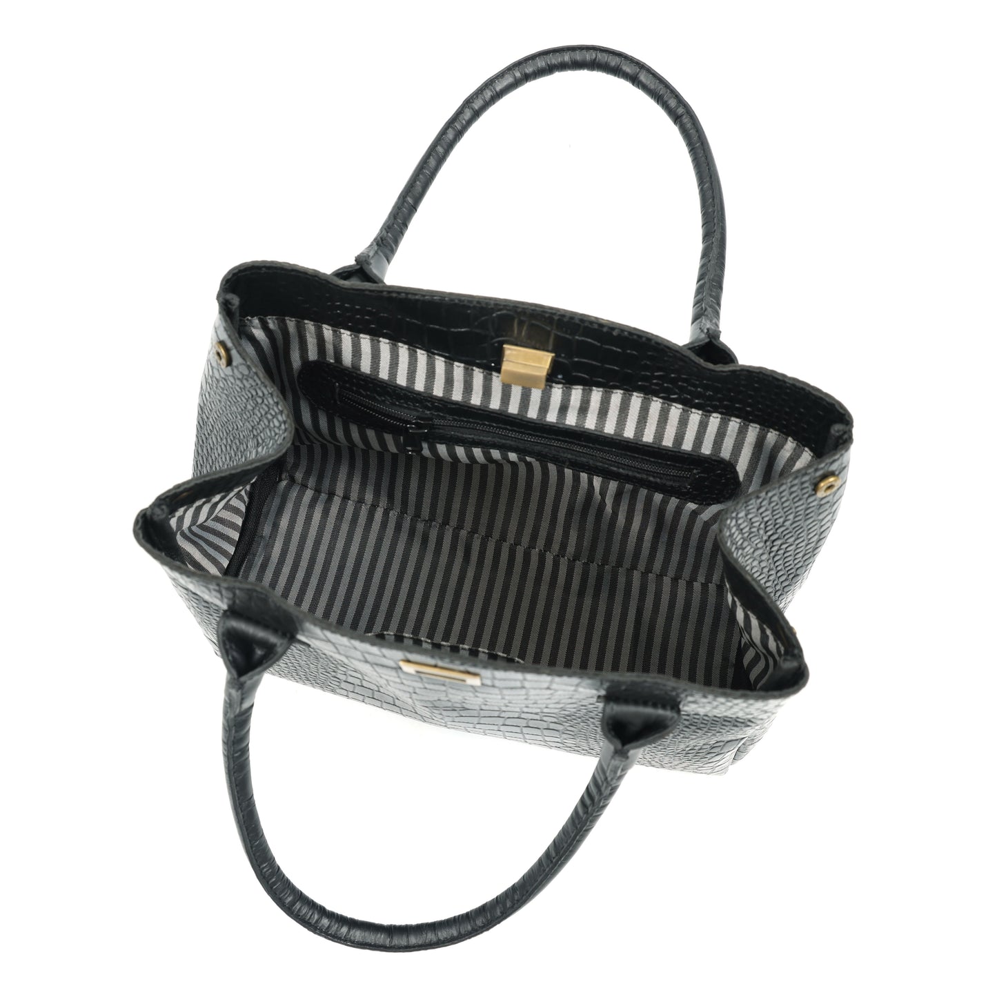 Premium Genuine Leather Croc-Textured Black Handbag with Top Handles