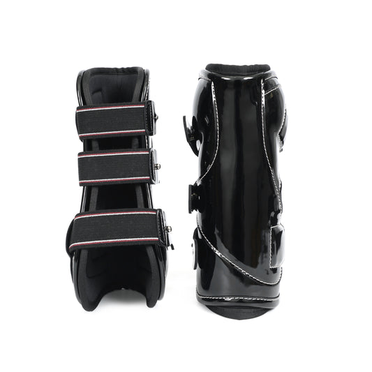 Durable Black D-Teq Front Horse Boots – Synthetic Material with White Stitch Detailing. HB-1035