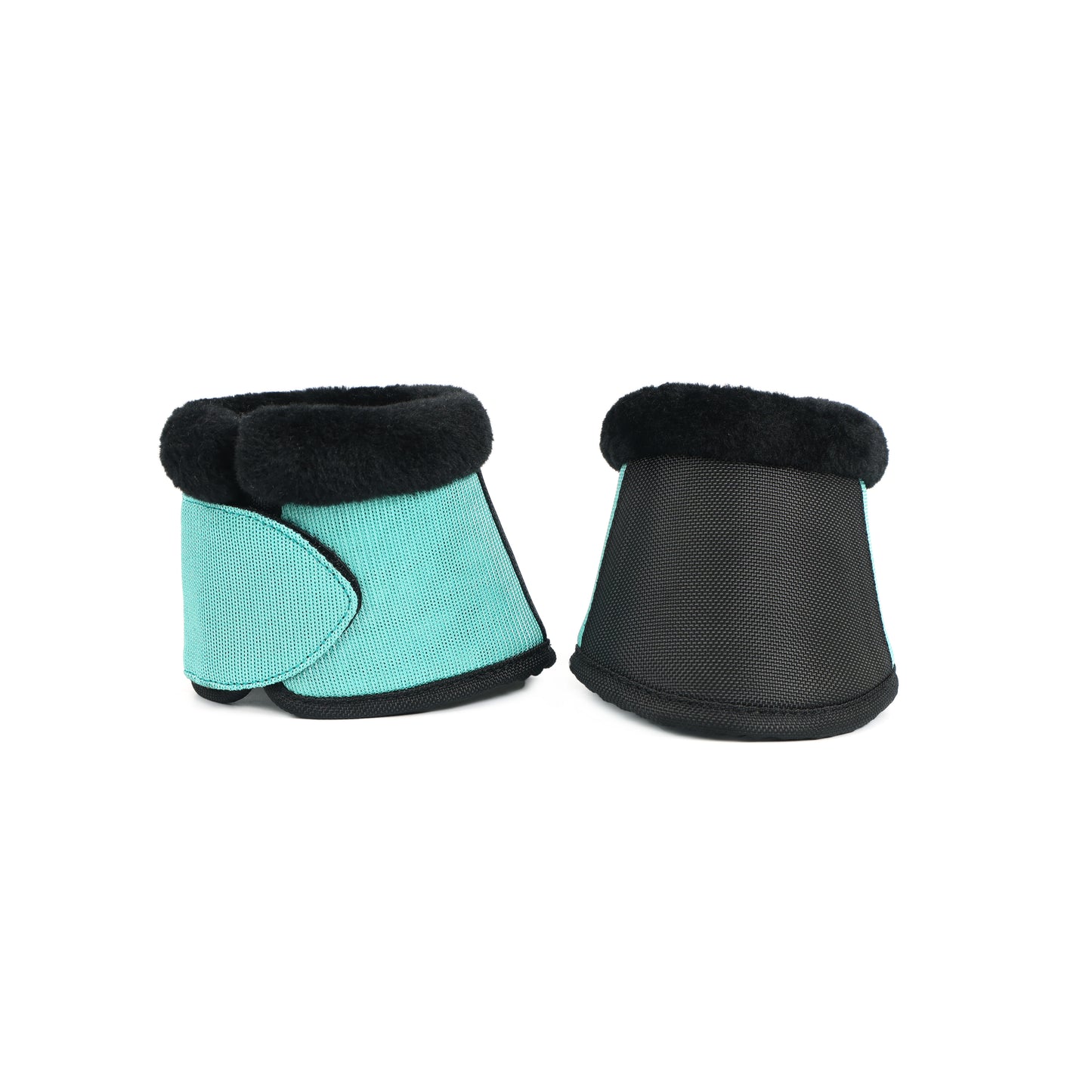 Stylish Blue Nylon-Blend Horse Bell Boots with Plush Black Fur Lining. HB-1029