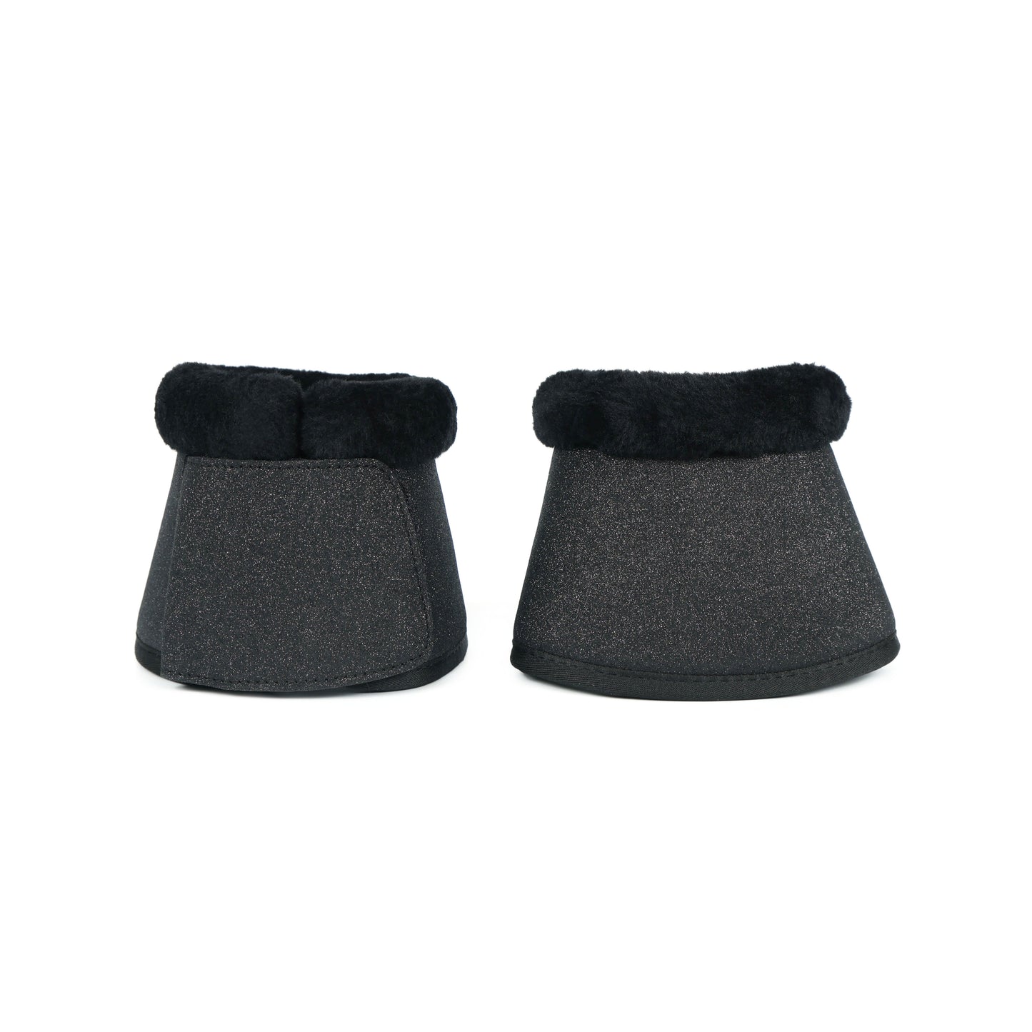 Durable Black Nylon Horse Bell Boots with Silver Sparkle & Soft Black Fur Interior. HB-1031