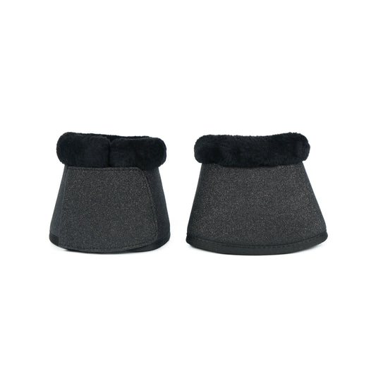 Durable Black Nylon Horse Bell Boots with Silver Sparkle & Soft Black Fur Interior. HB-1031