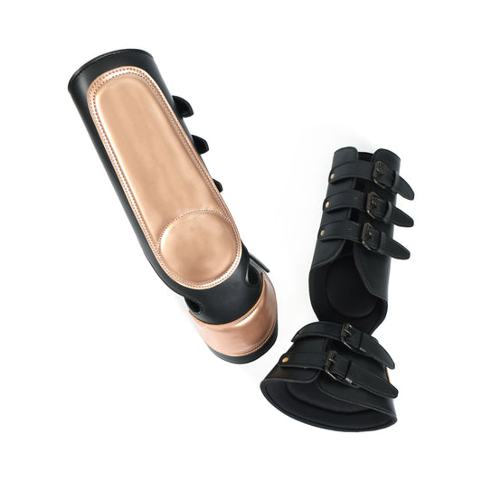 Stylish Black Horse Brushing & Toe Boots – Glossy Finish with Creamy Pink Detail. HB-1025