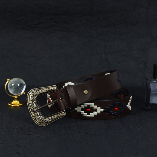 Premium Brown Leather Polo Belt with Multicolour Webbing With Keyring. LB-864