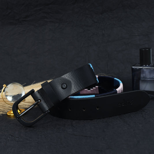 Premium Black Leather Black Buckle Belt with Multi-Color Stitching – Stylish & Durable.LB-875