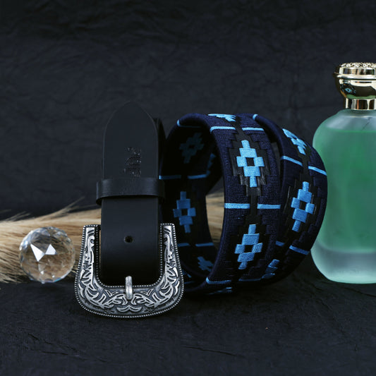 Premium Black Leather Belt with King Buckle & Blue Stitching – Stylish & Durable.LB-873