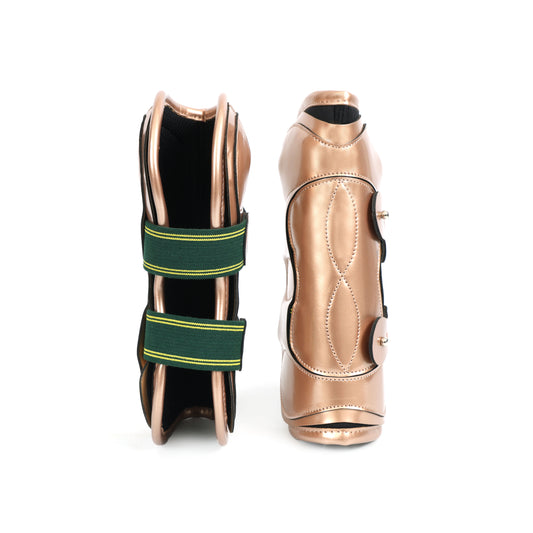 Durable Pink Synthetic Fetlock Horse Boots – Devoucoux My Boots with Green Straps. HB-1034