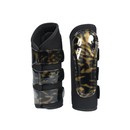 Black Synthetic Horse Brushing Boots with Elegant Golden Print – Durable & Protective. HB-1023