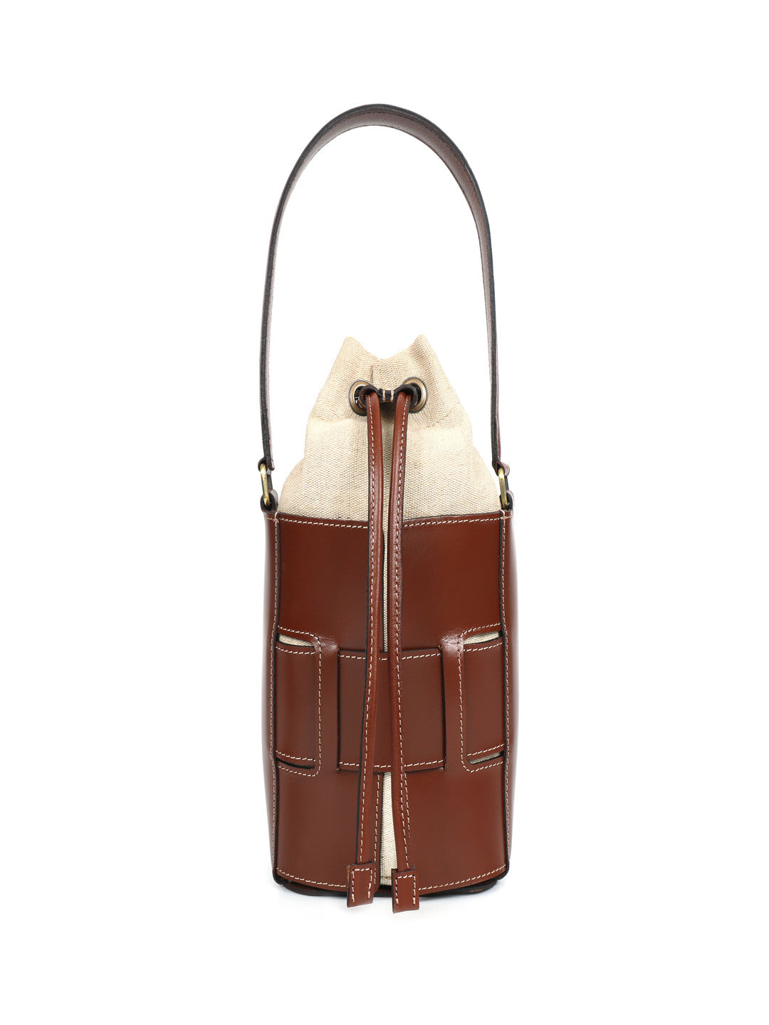Brown Leather Bucket Bag with Shearling Interior – Stylish & Durable