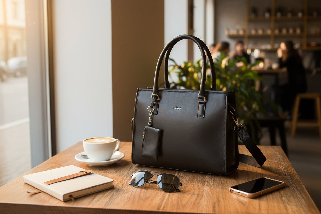 Premium Black Genuine Leather Tote Bag for Women | Spacious Work, Travel & Office Handbag | Stylish Shoulder Bag with Sling Strap Art:-BG-1677