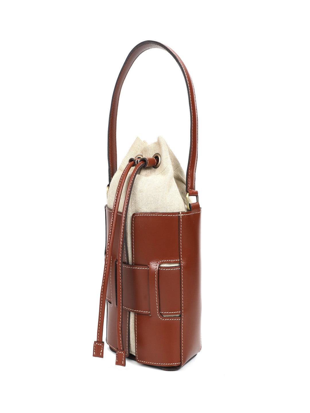 Brown Leather Bucket Bag with Shearling Interior – Stylish & Durable