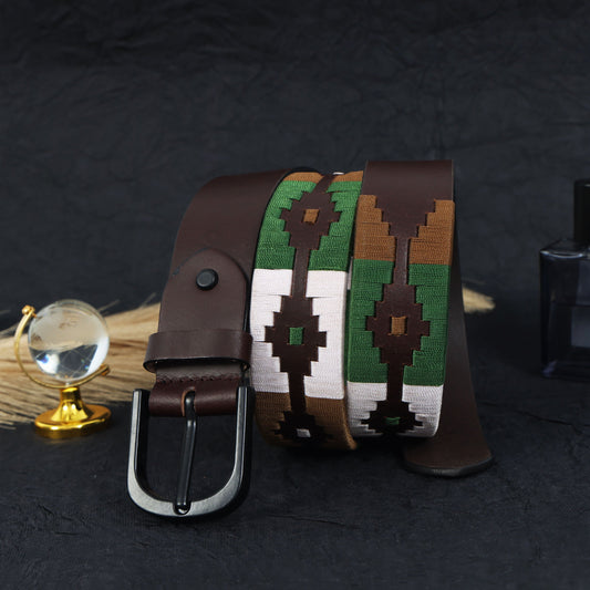 Premium Brown Leather Belt with Black Buckle & Multicolor Stitching.LB-878