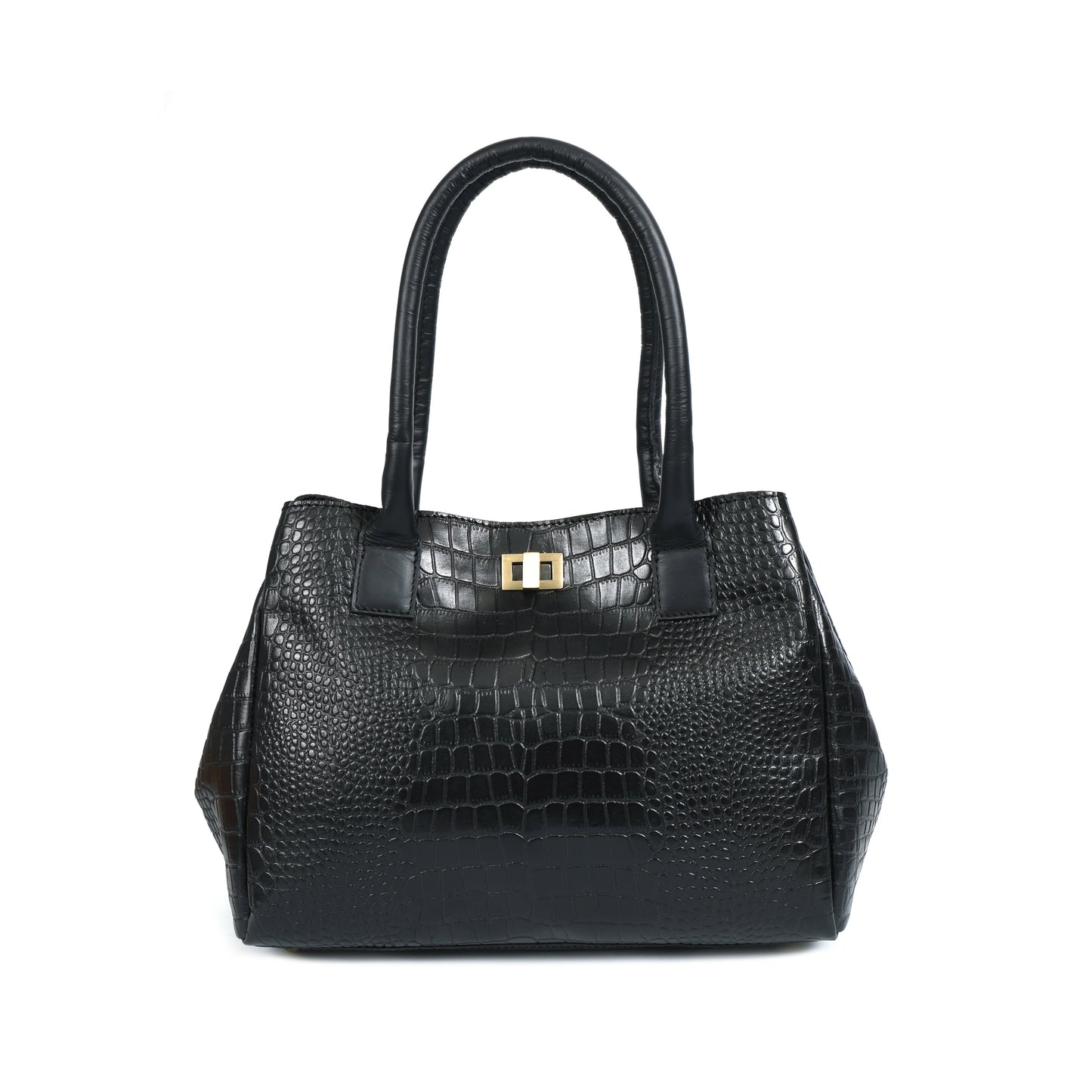 Premium Genuine Leather Croc-Textured Black Handbag with Top Handles