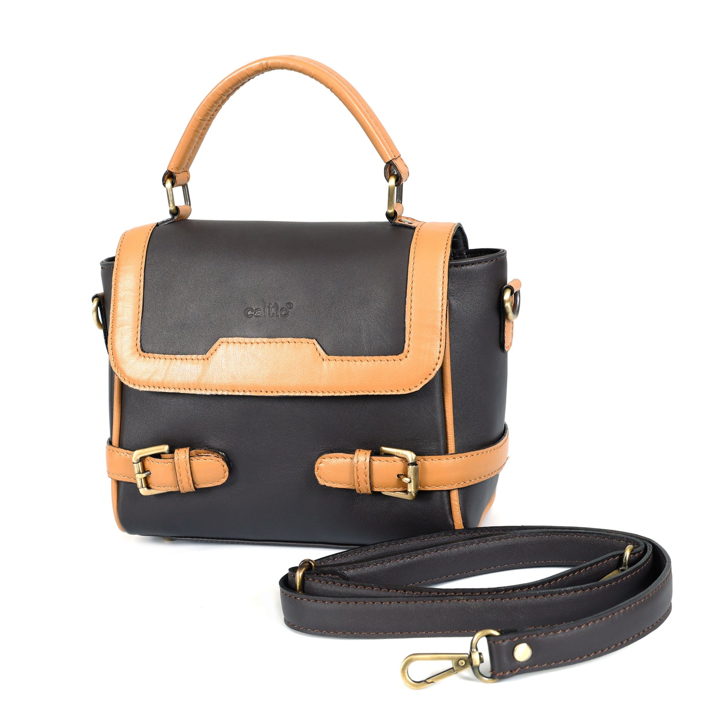 Premium Genuine Brown Leather Top Handle Handbag with Adjustable Strap