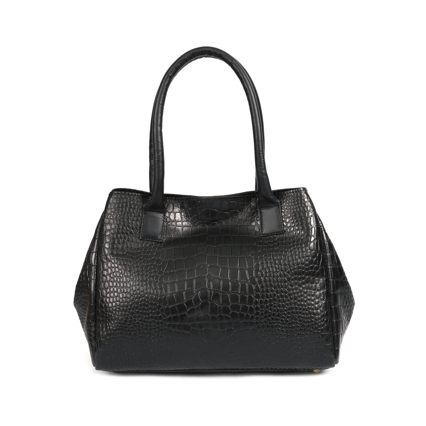 Premium Genuine Leather Croc-Textured Black Handbag with Top Handles