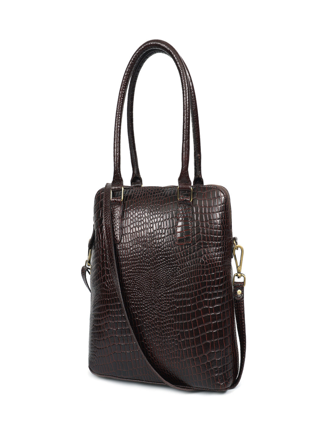 Premium Croc-Embossed Leather Tote Bag with Zip Closure & Detachable Shoulder Strap