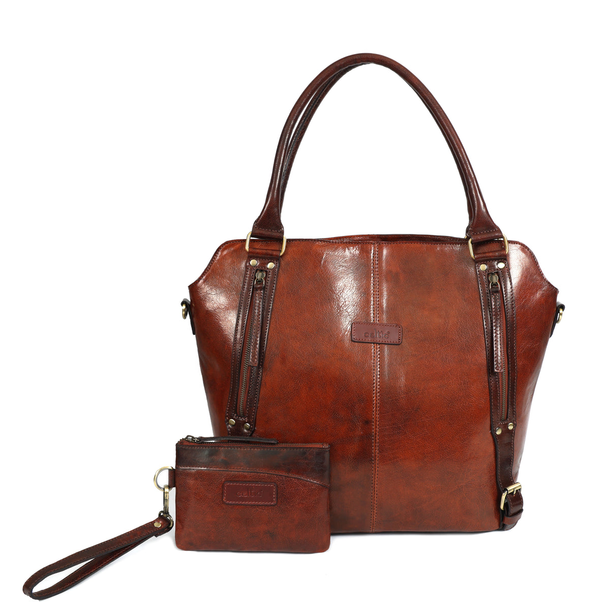 Premium Genuine Leather vintage Brown Tote & Wristlet Combo- Premium set For women