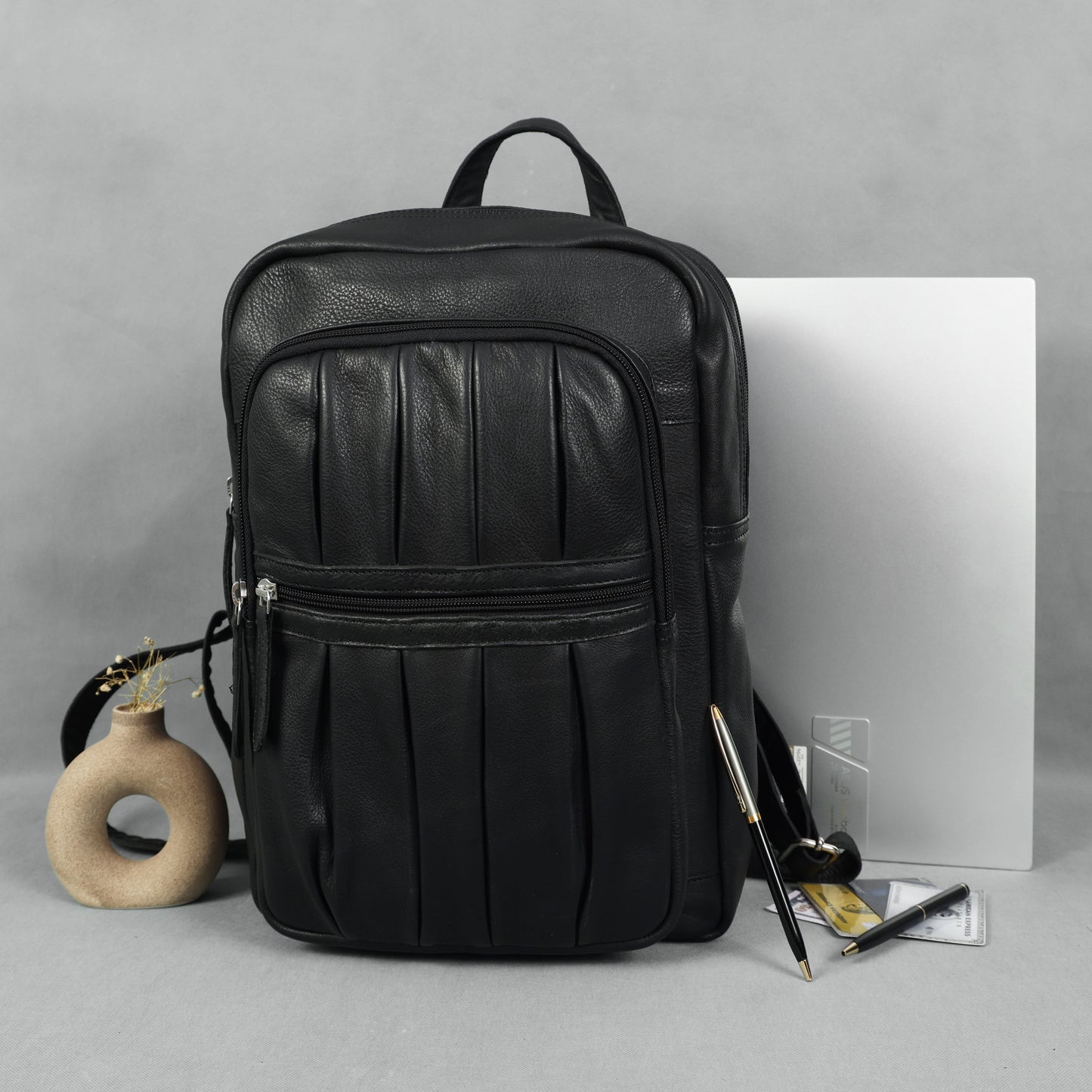 Black PURE Leather Backpack  Minimalist & Durable Everyday Companion. BG-1631