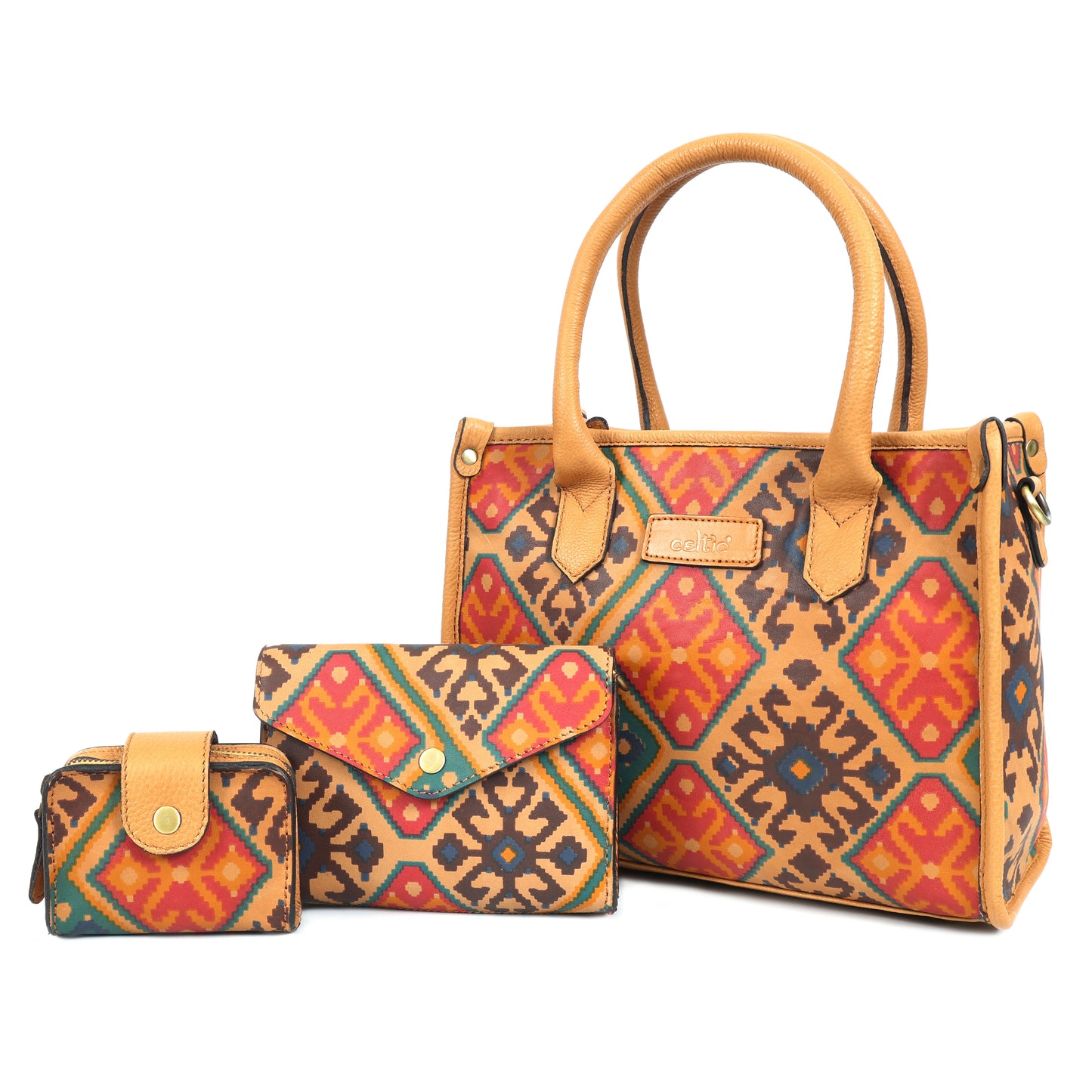 Premium Leather Ethnic 3-Piece Bag Set | Tote, Sling & Clutch