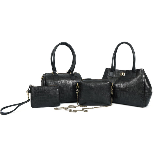Luxury Black Crocodile Pattern Women’s 4-in-1 Handbag Set (Tote, Shoulder, Sling & wallet)
