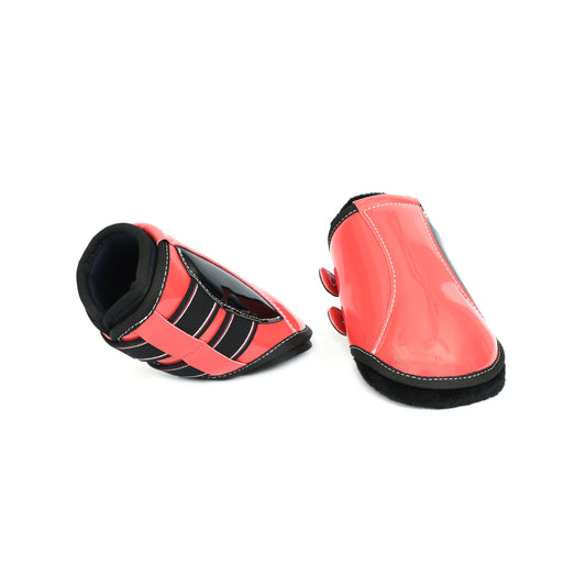 Stylish Light Pink Glossy EquiFit D-Tag Hind Boots with Black Accents. HB-1038