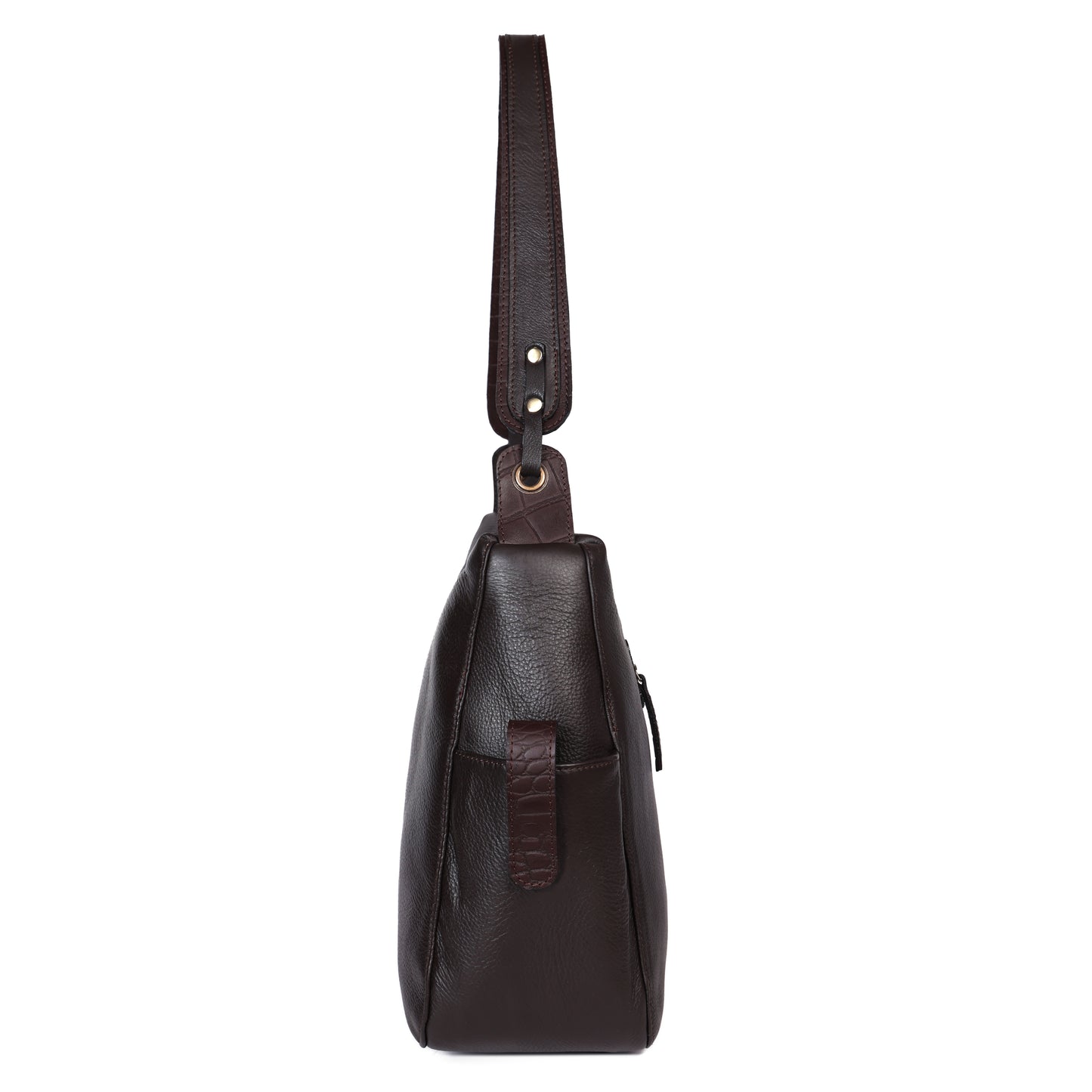 Premium Genuine Leather Hobo Shoulder Bag with Zippered Pockets & Fixed Strap