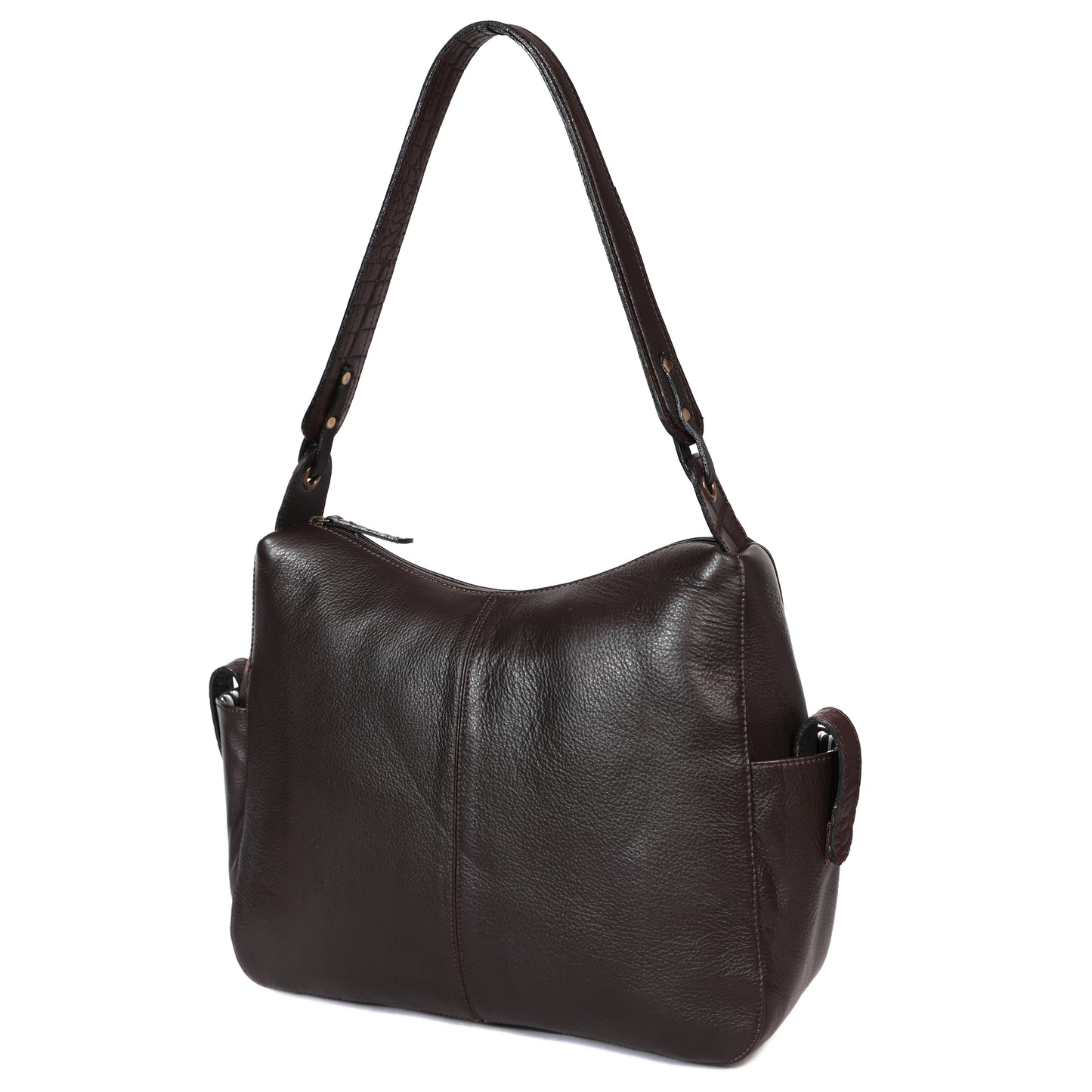 Premium Genuine Leather Hobo Shoulder Bag with Zippered Pockets & Fixed Strap