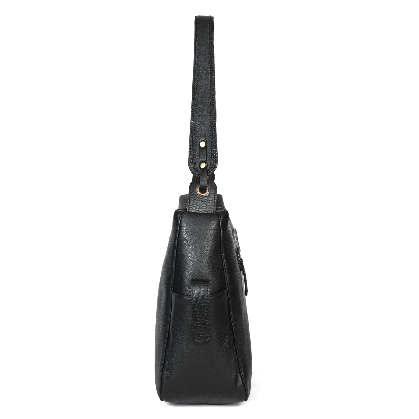 Premium Genuine Leather Hobo Shoulder Bag with Zippered Pockets & Fixed Strap
