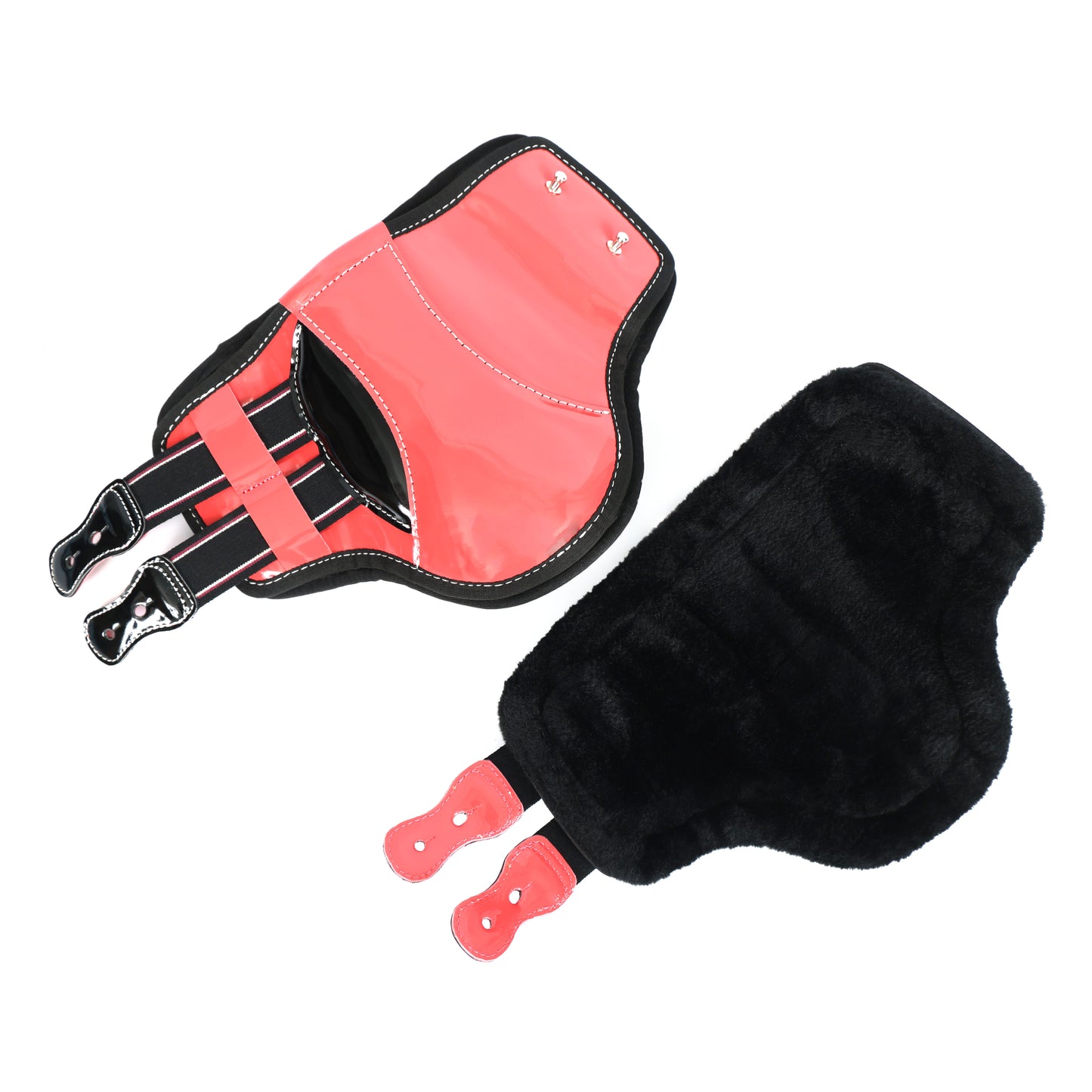 Stylish Light Pink Glossy EquiFit D-Tag Hind Boots with Black Accents. HB-1038