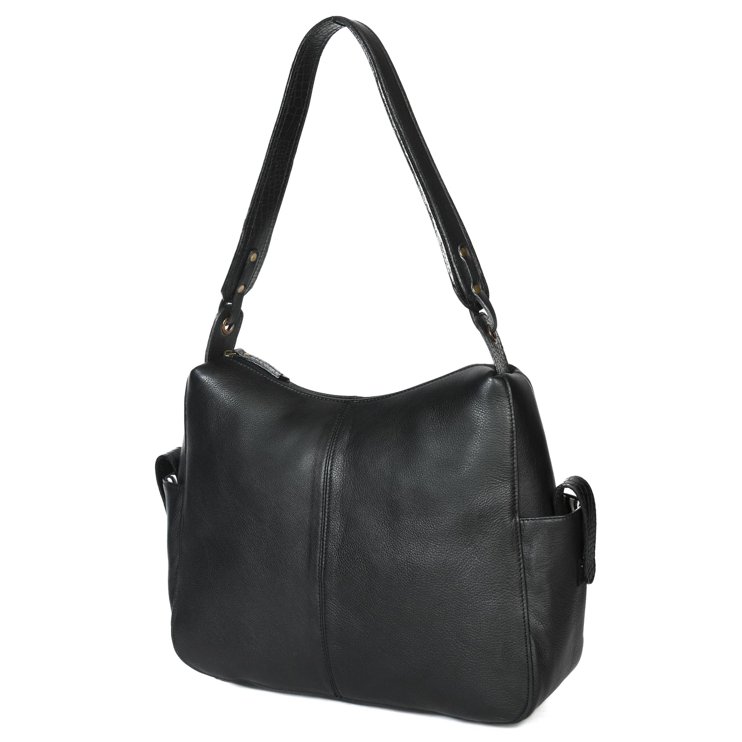 Premium Genuine Leather Hobo Shoulder Bag with Zippered Pockets & Fixed Strap