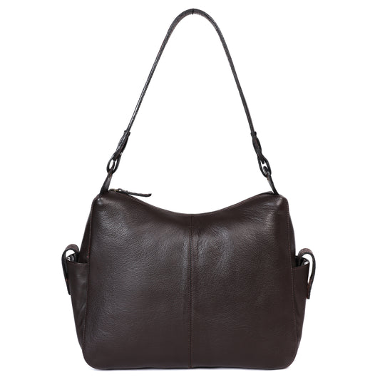 Premium Genuine Leather Hobo Shoulder Bag with Zippered Pockets & Fixed Strap