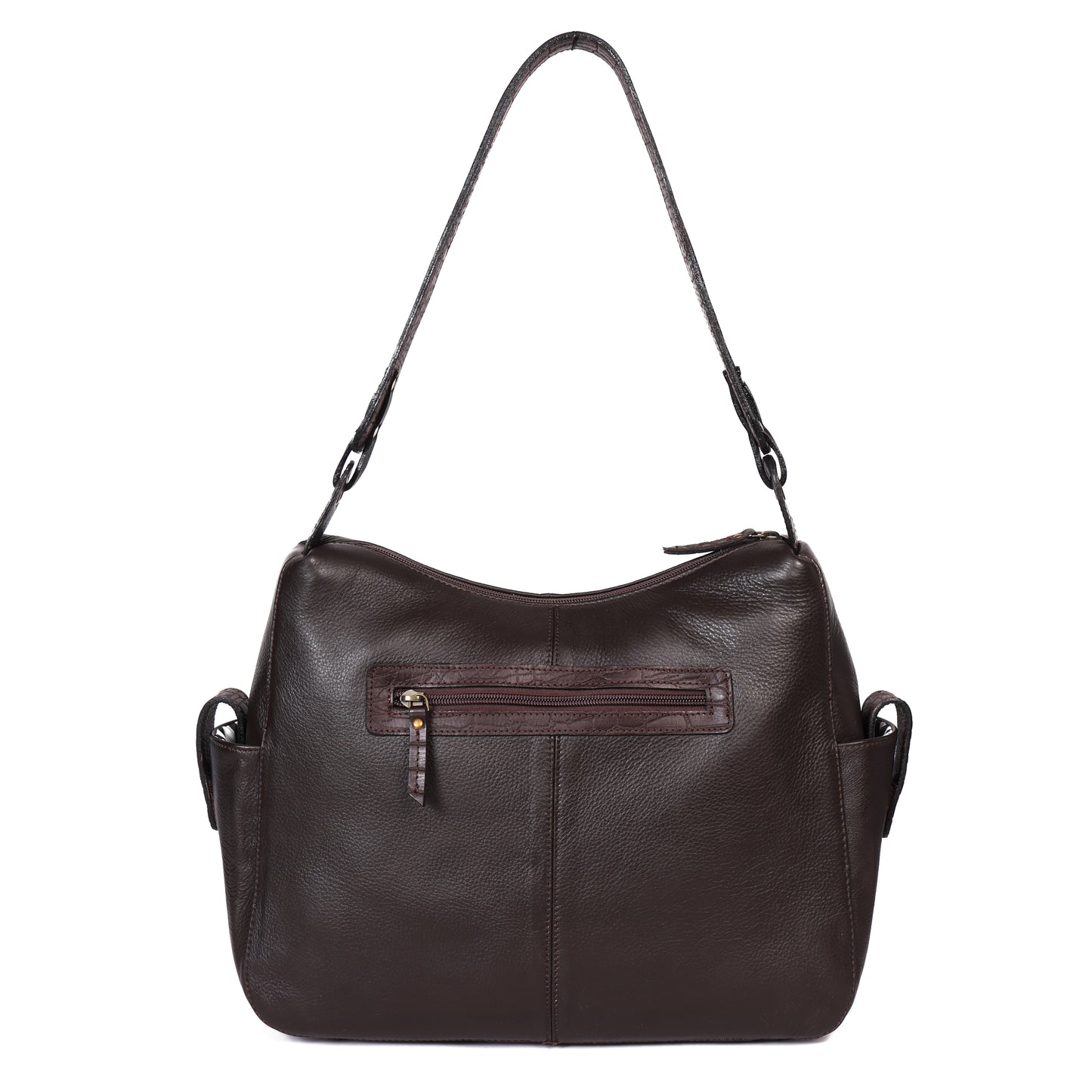 Premium Genuine Leather Hobo Shoulder Bag with Zippered Pockets & Fixed Strap