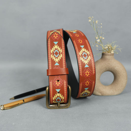 Brown Printed Belt with Ironic Statement Buckle – Trendy & Bold Streetwear Accessory.LB-890