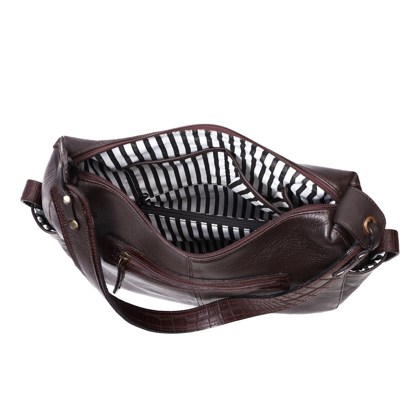 Premium Genuine Leather Hobo Shoulder Bag with Zippered Pockets & Fixed Strap