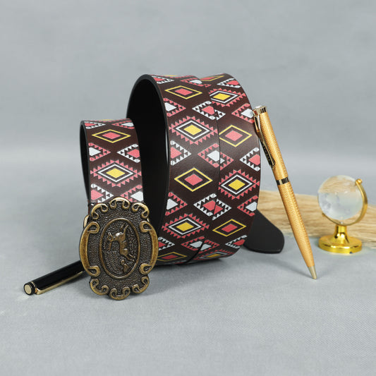 Multicolor Printed Belt with Antique Buckle – Stylish Vintage-Inspired Accessory for Men & Women.LB-894