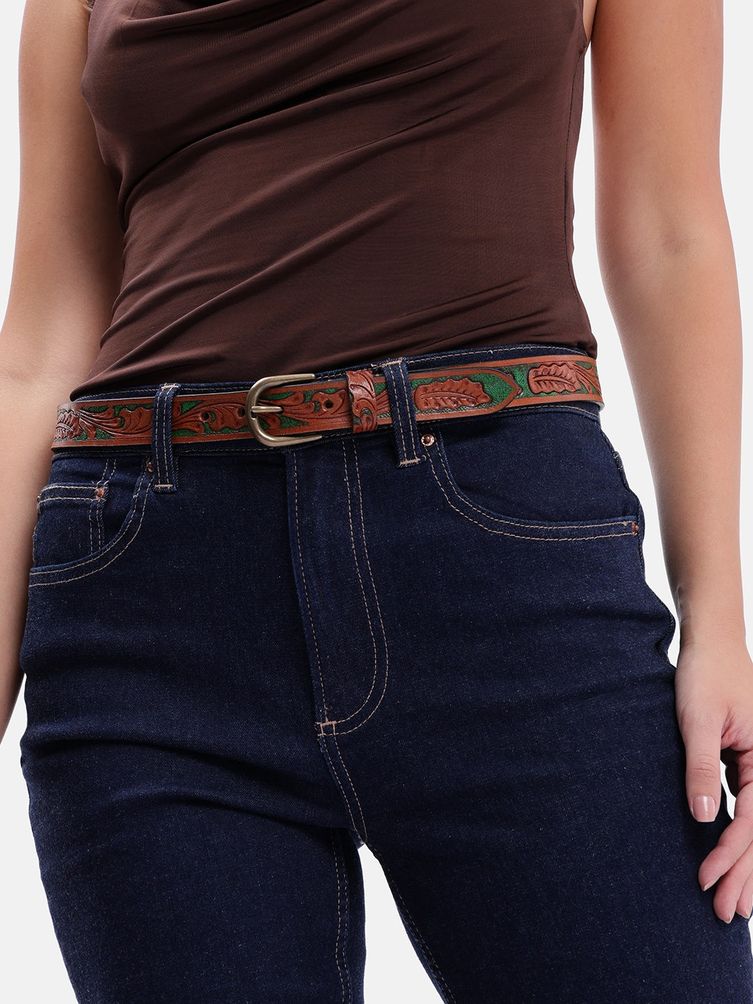 Woman Handcrafted Brown Leather Belt With Leaf Tooling And Polished Silver Buckle. LB-857