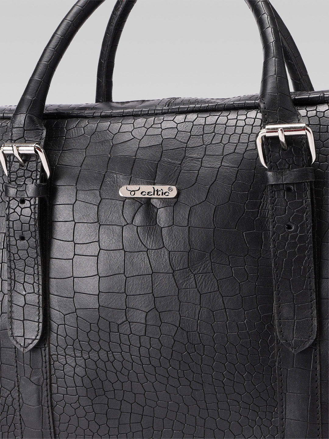 Premium Croc-Textured Black Leather Office Laptop Bag with Adjustable Shoulder Strap