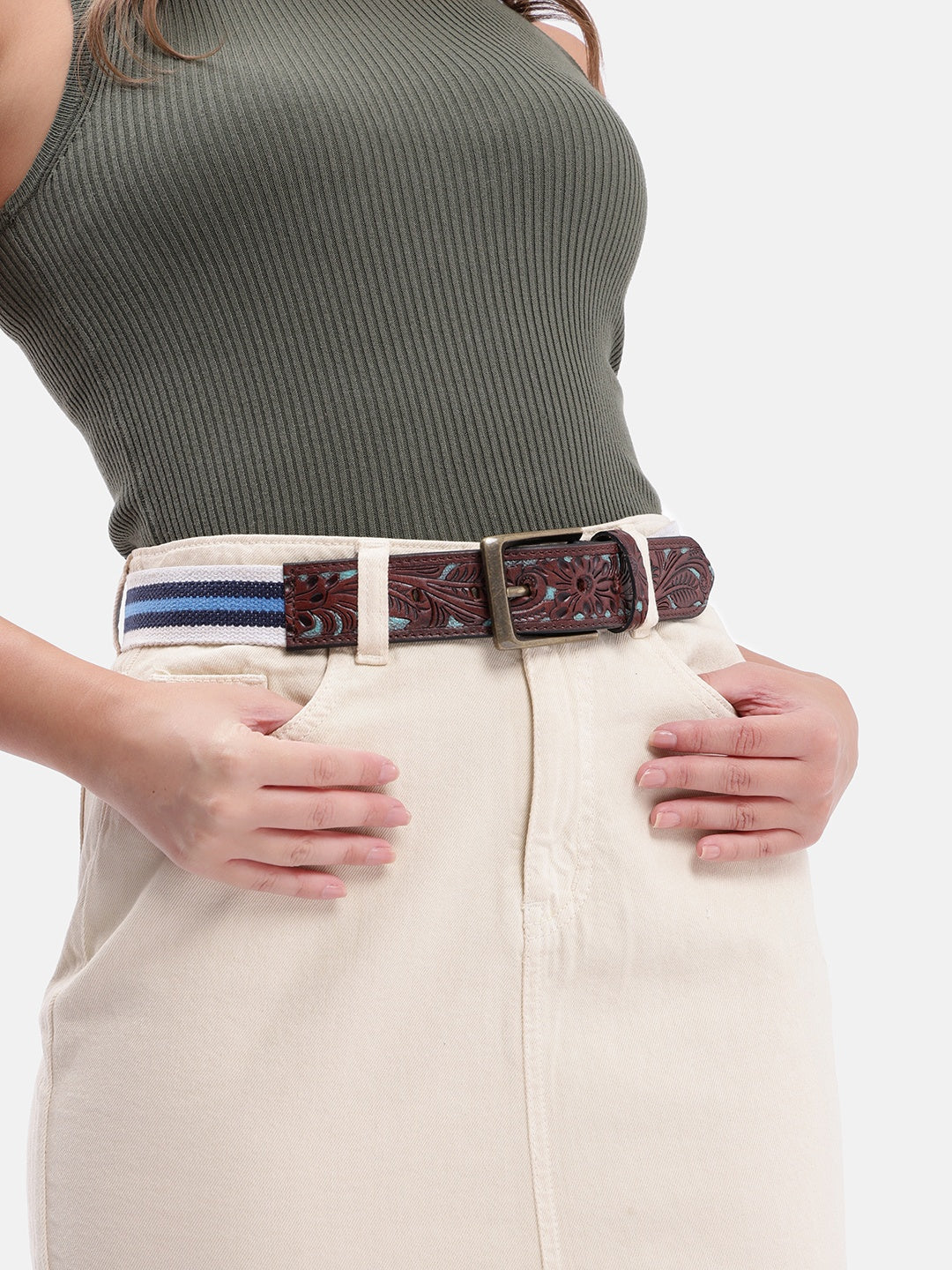 Unisex Genuine Leather Floral Embossed Canvas Blue White Waist Accessory Brass Buckle .LB-834