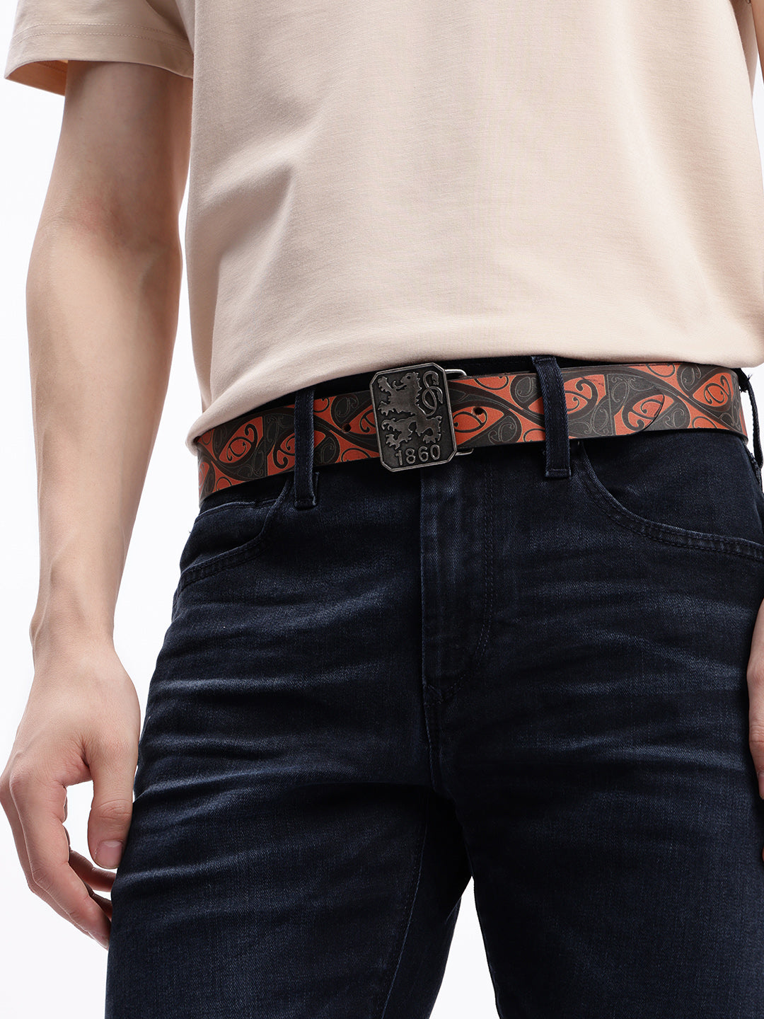 Men Genuine Leather Red Black Tribal Scroll Waist Belt with Antique Emblem Buckle