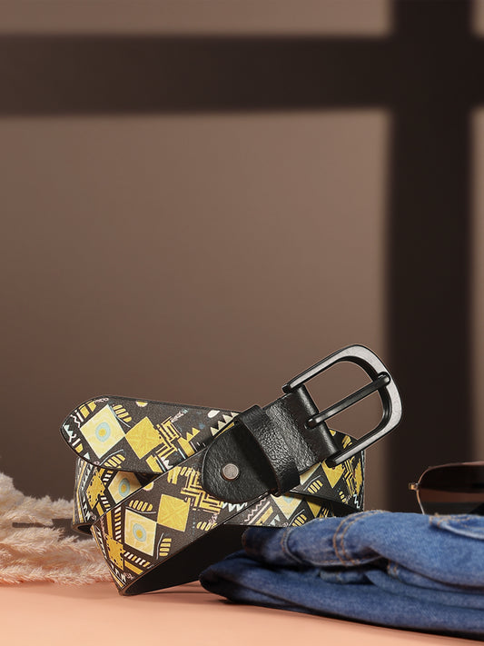 Unisex Genuine Leather Tribal Geometric Yellow Black Waist Accessory Matte Buckle