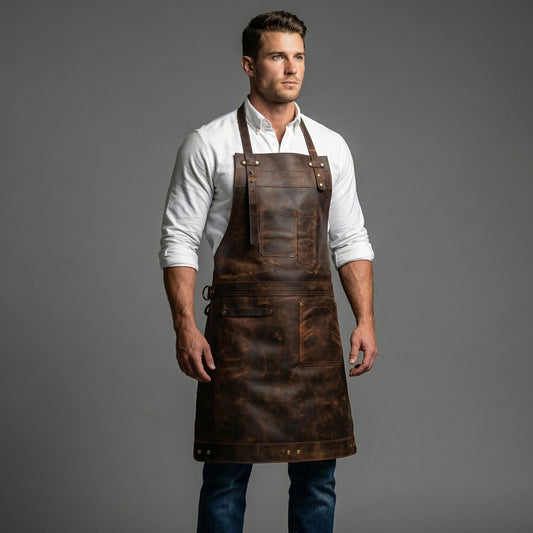Premium Genuine Leather Brown Bib Apron  with Snap Lock Utility Design
