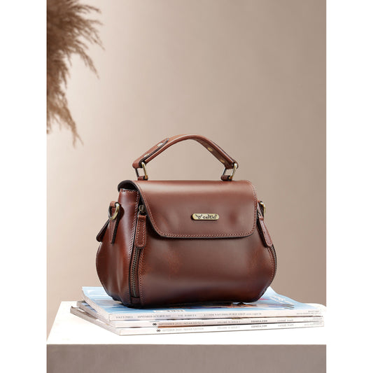 Premium Genuine Leather Top-Handle Handbag with Flap Closure & Zip Compartments