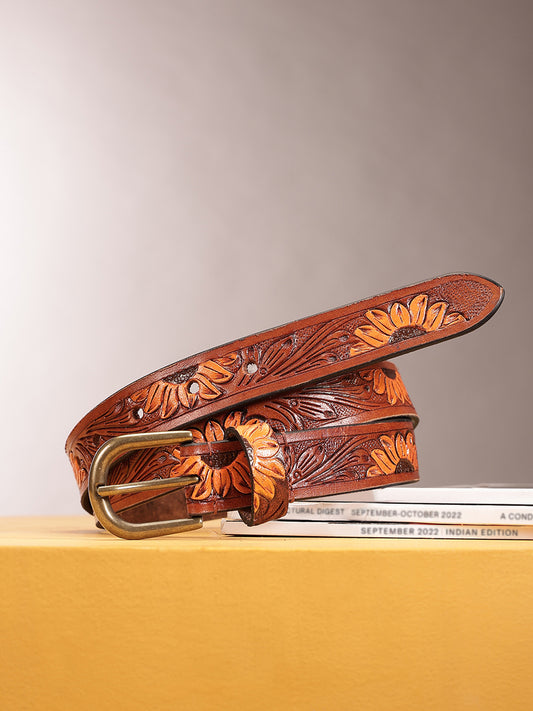 Genuine Leather Embossed Brown Orange Sunflower Western Waist Accessory Brass Buckle