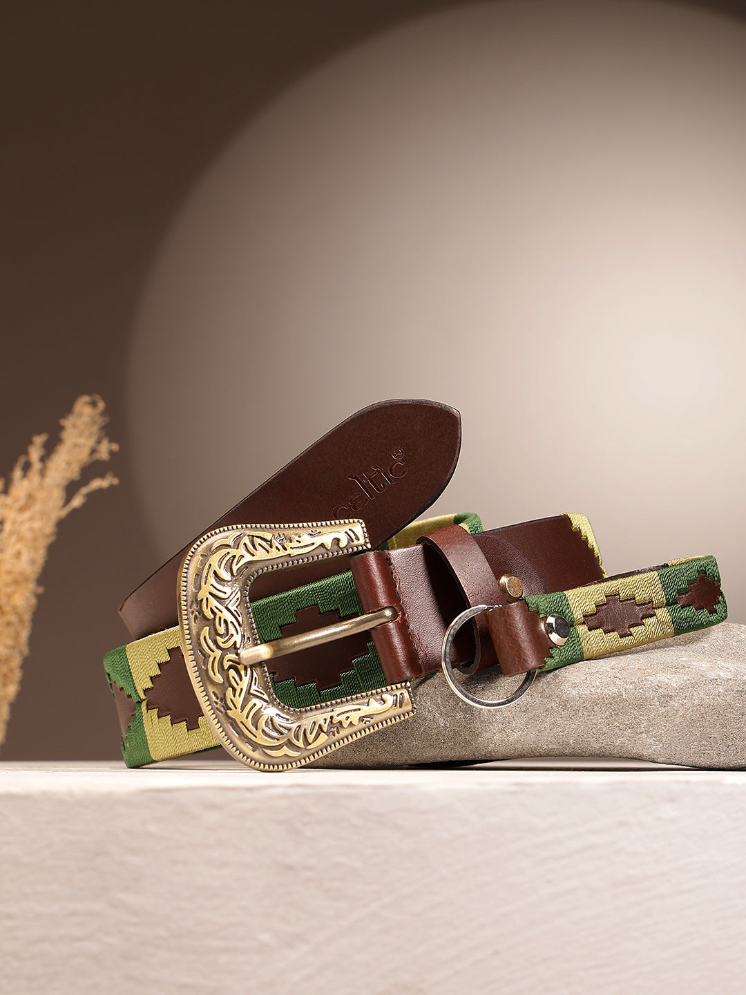 Unisex Handcrafted Leather Woven Green Buckle Artisan Casual Wear Accessory SKU: LB-868-28