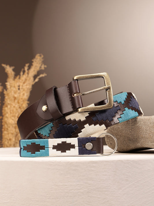 Unisex Handcrafted Woven Leather Belt With Geometric Pattern And Antique Buckle Design. LB-874